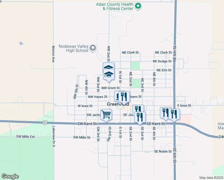 map of restaurants, bars, coffee shops, grocery stores, and more near 207 Northwest 2nd Street in Greenfield