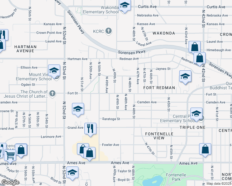 map of restaurants, bars, coffee shops, grocery stores, and more near 5309 North 49th Street in Omaha