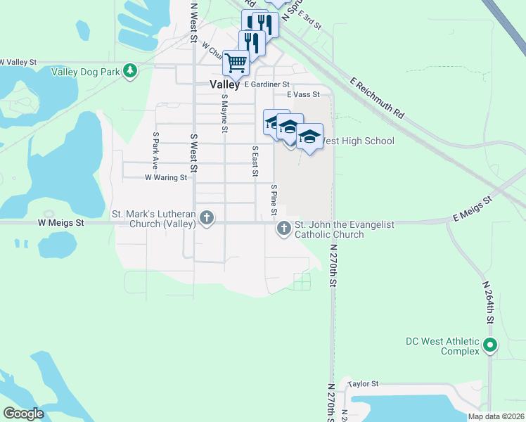 map of restaurants, bars, coffee shops, grocery stores, and more near 717 South East Street in Valley