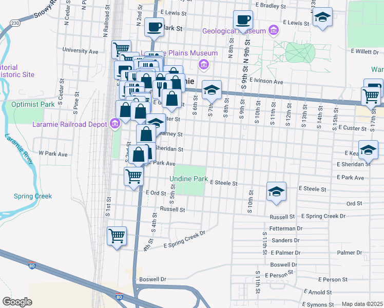 map of restaurants, bars, coffee shops, grocery stores, and more near 699 East Sheridan Street in Laramie