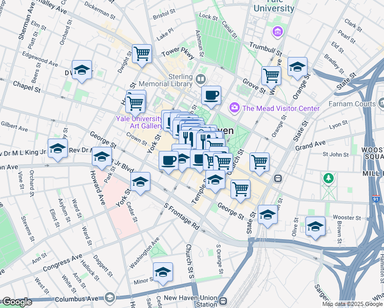 map of restaurants, bars, coffee shops, grocery stores, and more near 990 Chapel Street in New Haven