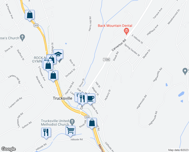map of restaurants, bars, coffee shops, grocery stores, and more near 92 Carverton Road in Shavertown