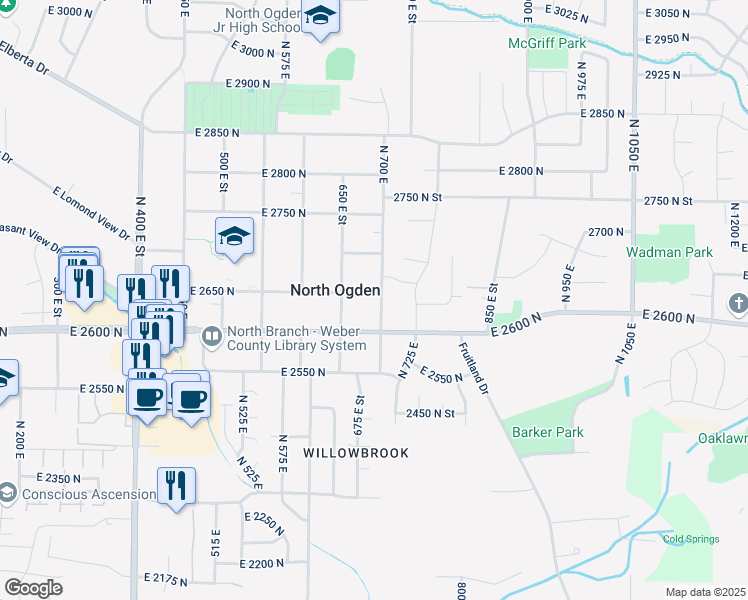 map of restaurants, bars, coffee shops, grocery stores, and more near 695 East 2650 North in Ogden