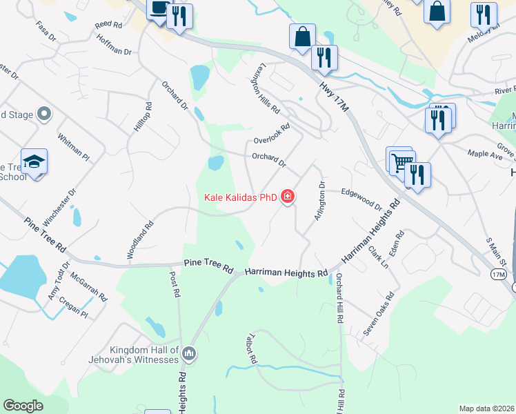 map of restaurants, bars, coffee shops, grocery stores, and more near 57 Woodland Road in Monroe