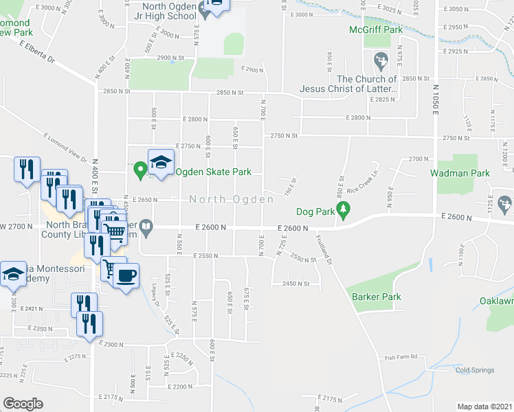 map of restaurants, bars, coffee shops, grocery stores, and more near 695 East 2650 North in Ogden