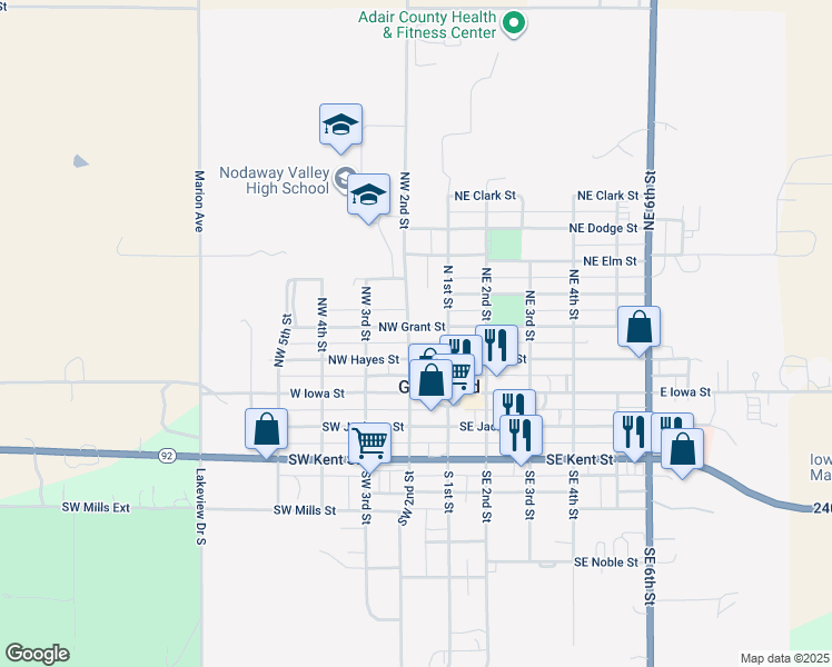 map of restaurants, bars, coffee shops, grocery stores, and more near 207 Northwest 2nd Street in Greenfield