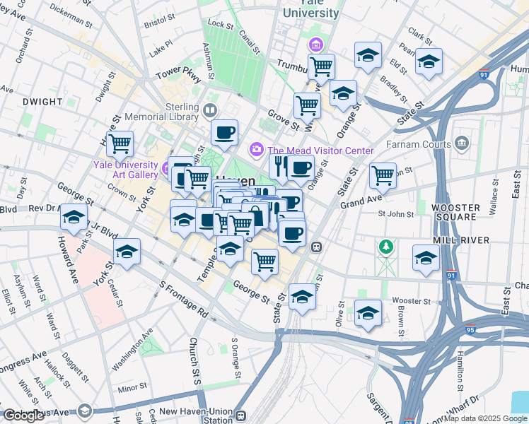 map of restaurants, bars, coffee shops, grocery stores, and more near 140 Church Street in New Haven