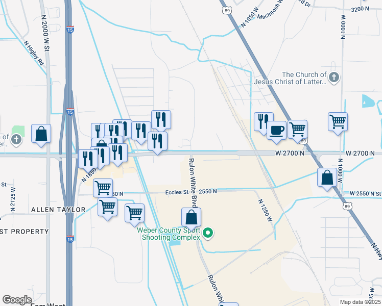 map of restaurants, bars, coffee shops, grocery stores, and more near 2709 North Rulon White Boulevard in Ogden