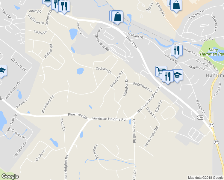 map of restaurants, bars, coffee shops, grocery stores, and more near 16 Berwynn Road in Harriman