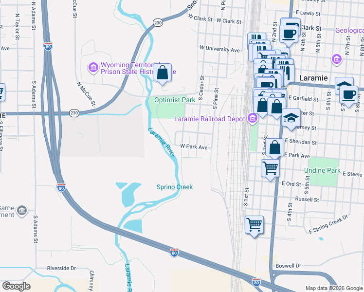 map of restaurants, bars, coffee shops, grocery stores, and more near 501 West Park Avenue in Laramie