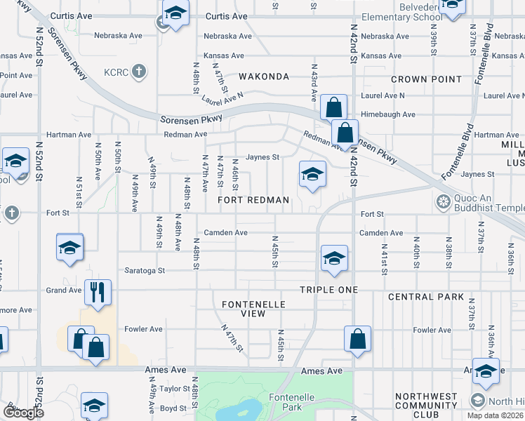 map of restaurants, bars, coffee shops, grocery stores, and more near 4514 Fort Street in Omaha