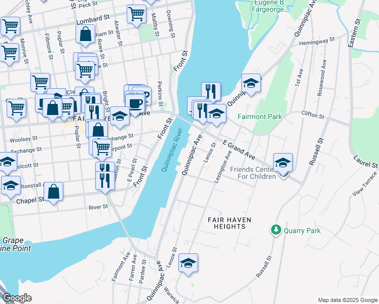 map of restaurants, bars, coffee shops, grocery stores, and more near 610 Quinnipiac Avenue in New Haven