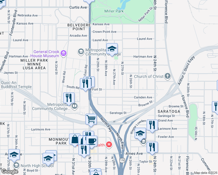 map of restaurants, bars, coffee shops, grocery stores, and more near 2744 Fort Street in Omaha