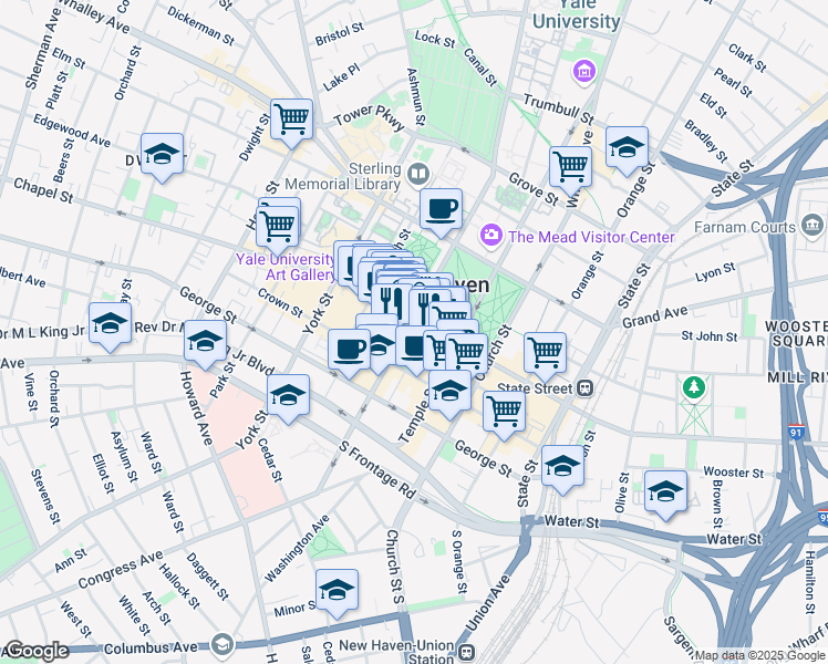 map of restaurants, bars, coffee shops, grocery stores, and more near 20 York Street in New Haven