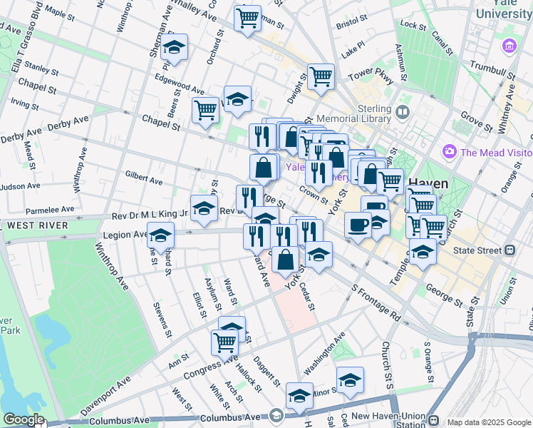 map of restaurants, bars, coffee shops, grocery stores, and more near 434 George Street in New Haven