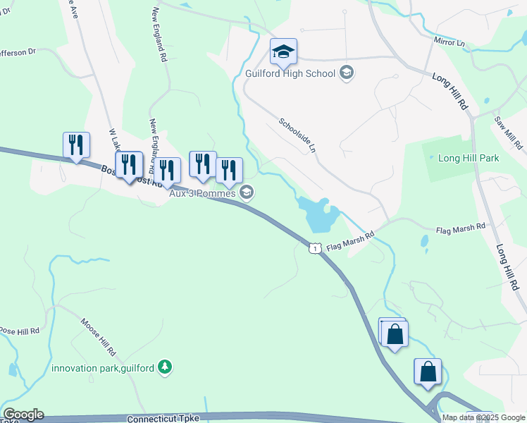 map of restaurants, bars, coffee shops, grocery stores, and more near 2241 Boston Post Road in Guilford