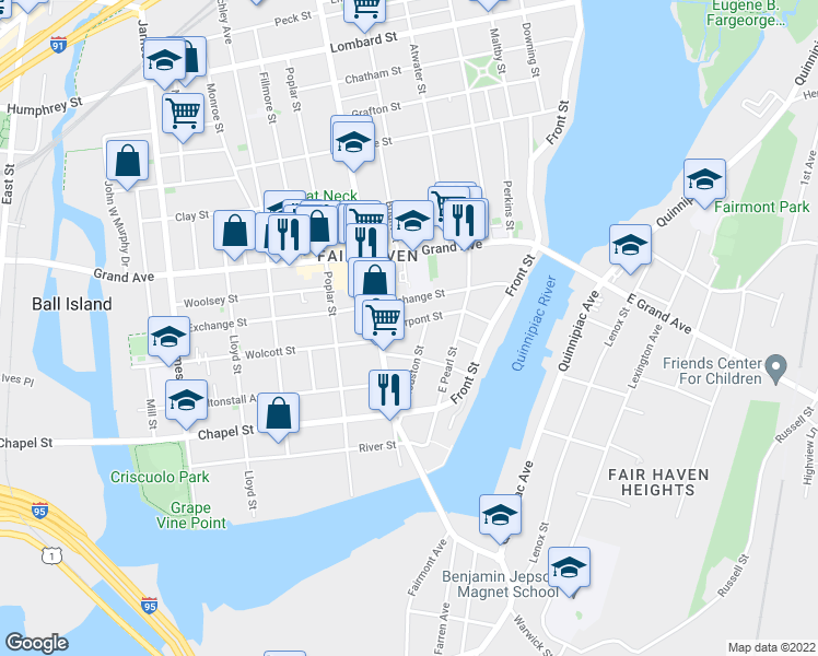 map of restaurants, bars, coffee shops, grocery stores, and more near 72 Pierpont Street in New Haven