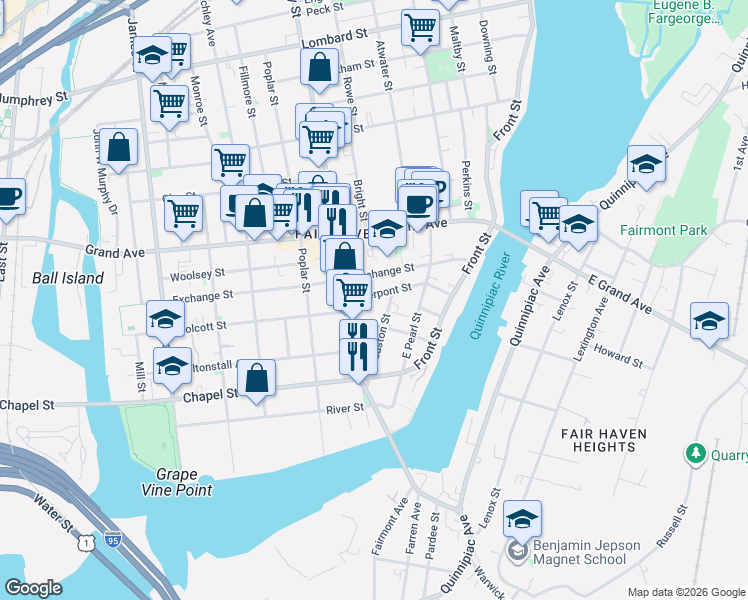 map of restaurants, bars, coffee shops, grocery stores, and more near 72 Pierpont Street in New Haven