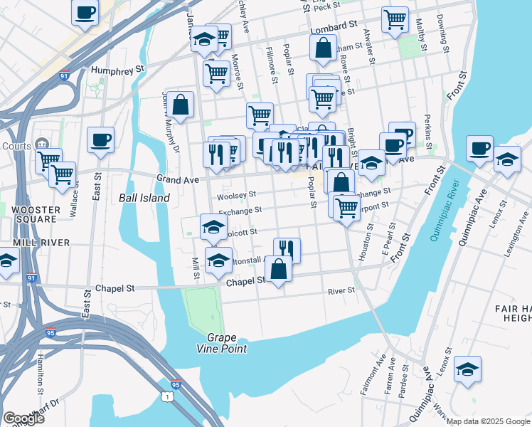 map of restaurants, bars, coffee shops, grocery stores, and more near 274 Exchange Street in New Haven