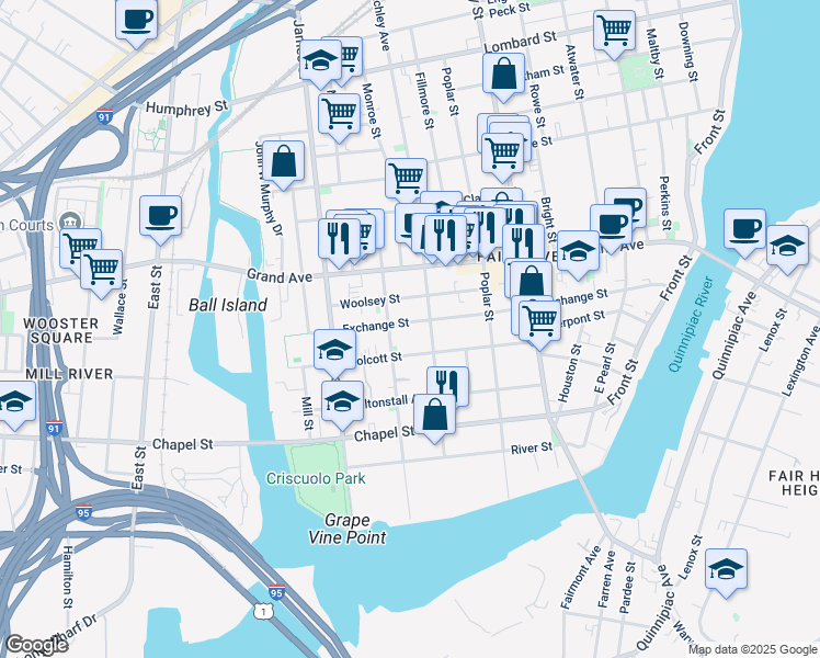 map of restaurants, bars, coffee shops, grocery stores, and more near 274 Exchange Street in New Haven