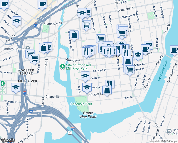 map of restaurants, bars, coffee shops, grocery stores, and more near 313 Exchange Street in New Haven