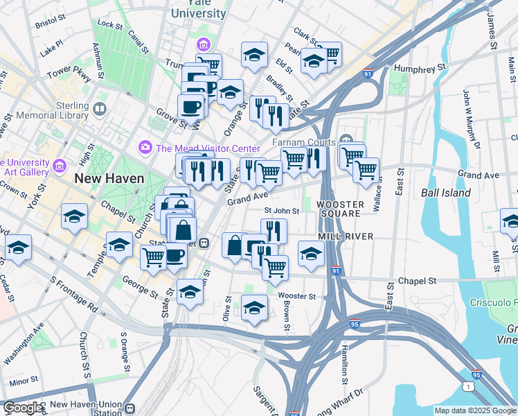 map of restaurants, bars, coffee shops, grocery stores, and more near 295 Saint John Street in New Haven