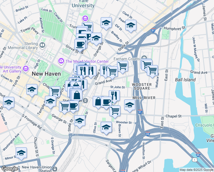 map of restaurants, bars, coffee shops, grocery stores, and more near 146 Olive Street in New Haven