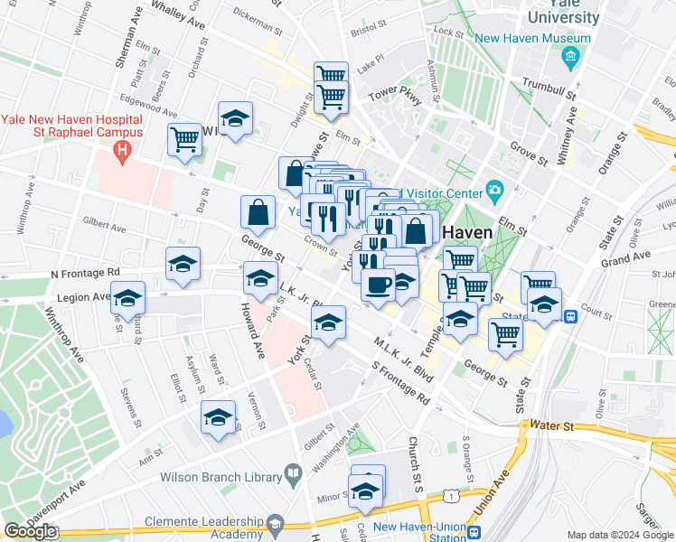 map of restaurants, bars, coffee shops, grocery stores, and more near 100 York Street in New Haven