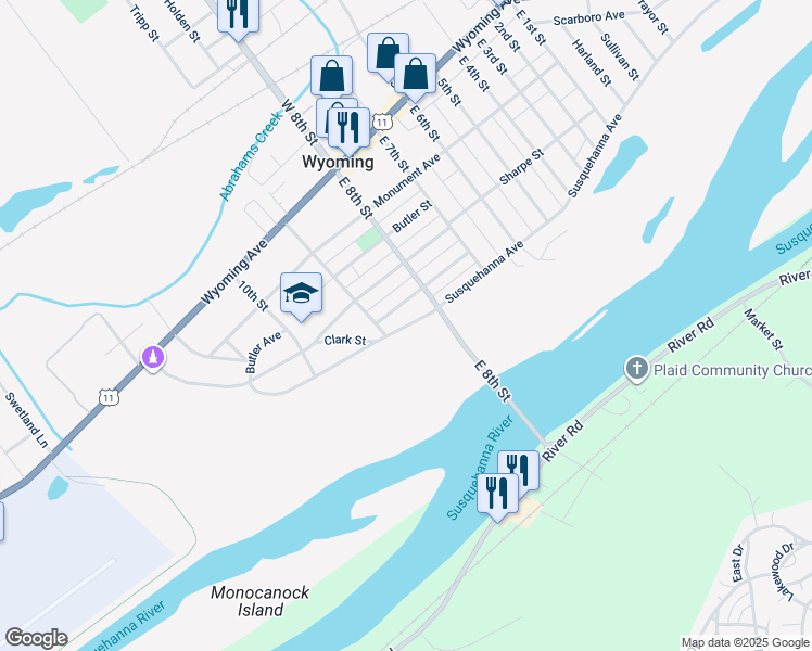 map of restaurants, bars, coffee shops, grocery stores, and more near 362 Susquehanna Avenue in Wyoming