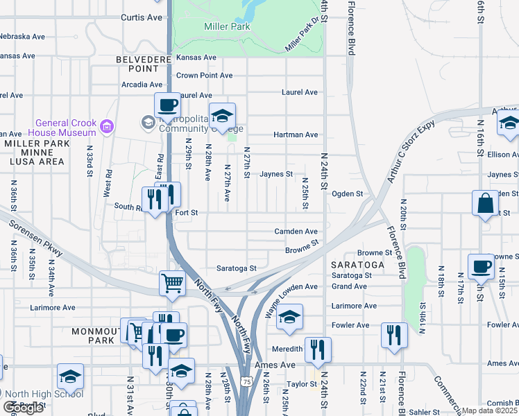 map of restaurants, bars, coffee shops, grocery stores, and more near 5311 North 26th Street in Omaha