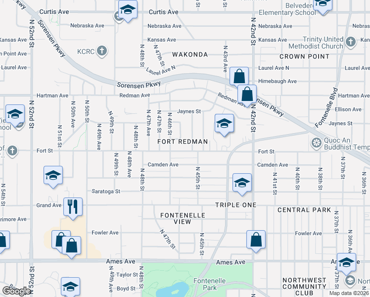 map of restaurants, bars, coffee shops, grocery stores, and more near 4514 Fort Street in Omaha