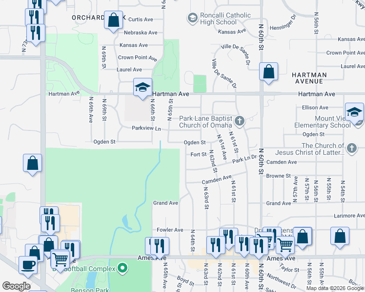 map of restaurants, bars, coffee shops, grocery stores, and more near 6427 Ogden Street in Omaha