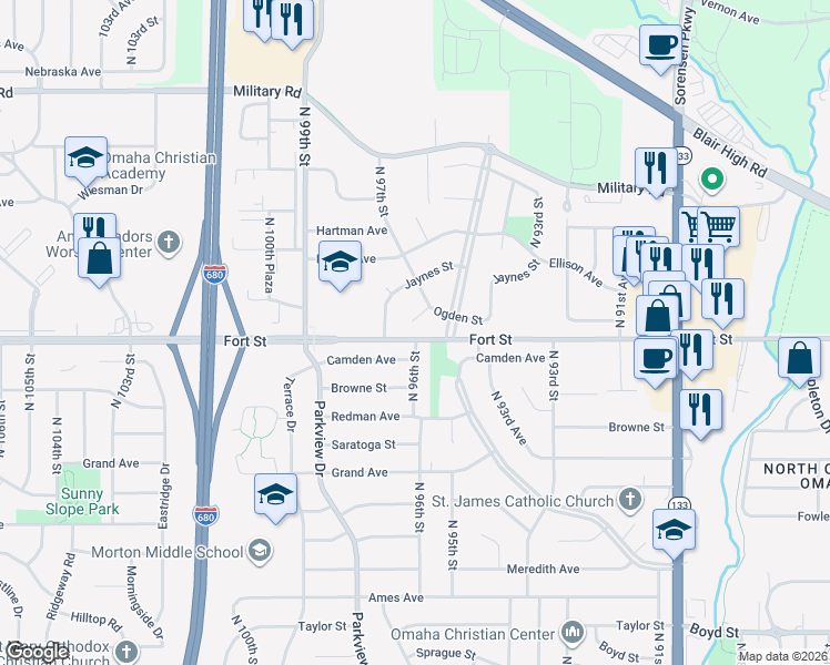 map of restaurants, bars, coffee shops, grocery stores, and more near 9729 Ogden Circle in Omaha