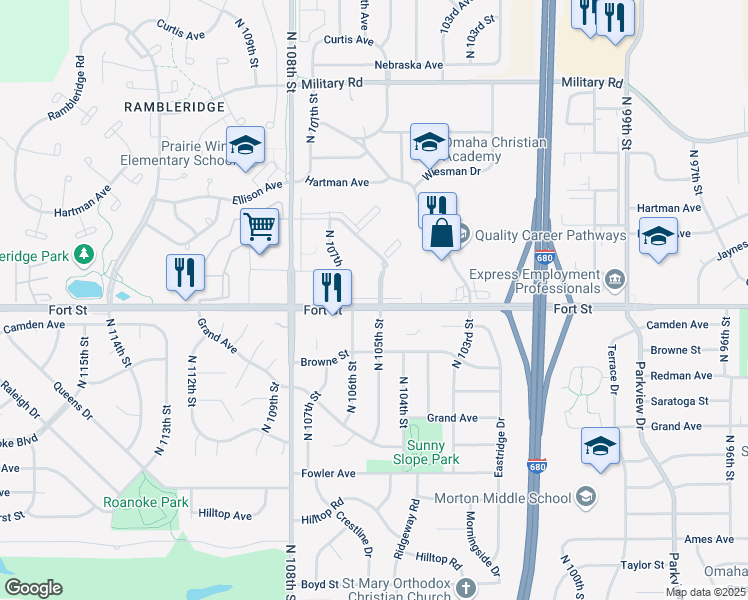 map of restaurants, bars, coffee shops, grocery stores, and more near 5306 North 105th Plaza in Omaha