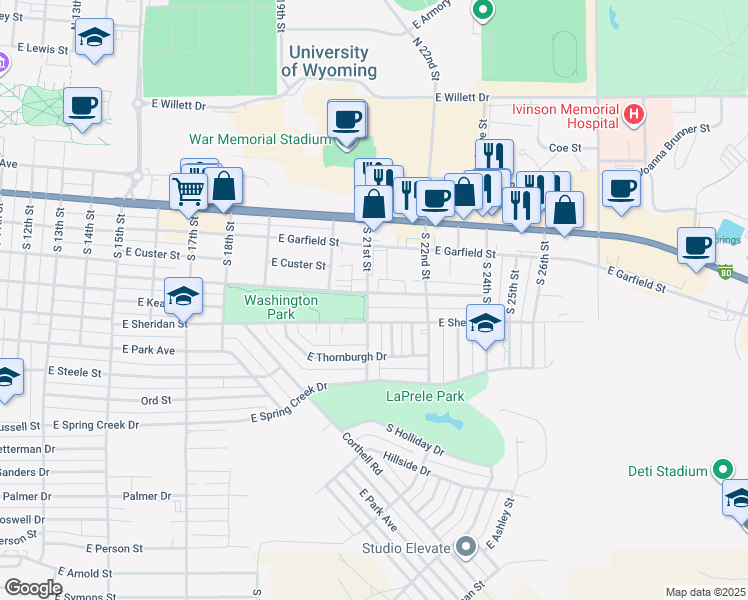 map of restaurants, bars, coffee shops, grocery stores, and more near 2104 East Rainbow Avenue in Laramie