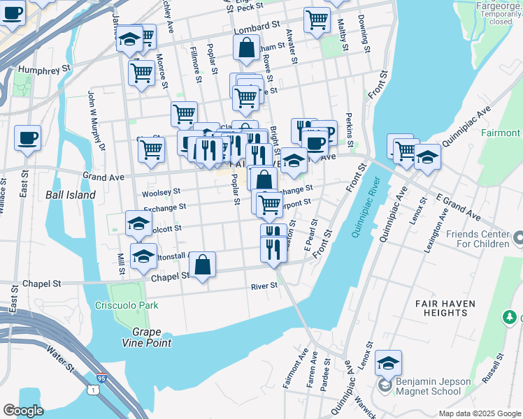 map of restaurants, bars, coffee shops, grocery stores, and more near 260 Ferry Street in New Haven