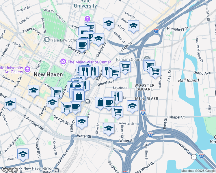map of restaurants, bars, coffee shops, grocery stores, and more near 335 Saint John Street in New Haven