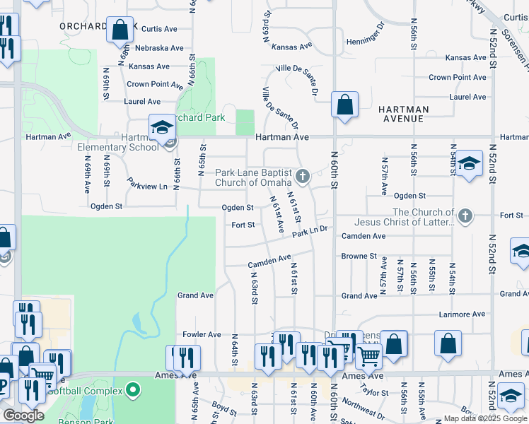 map of restaurants, bars, coffee shops, grocery stores, and more near 6167 Ogden Street in Omaha