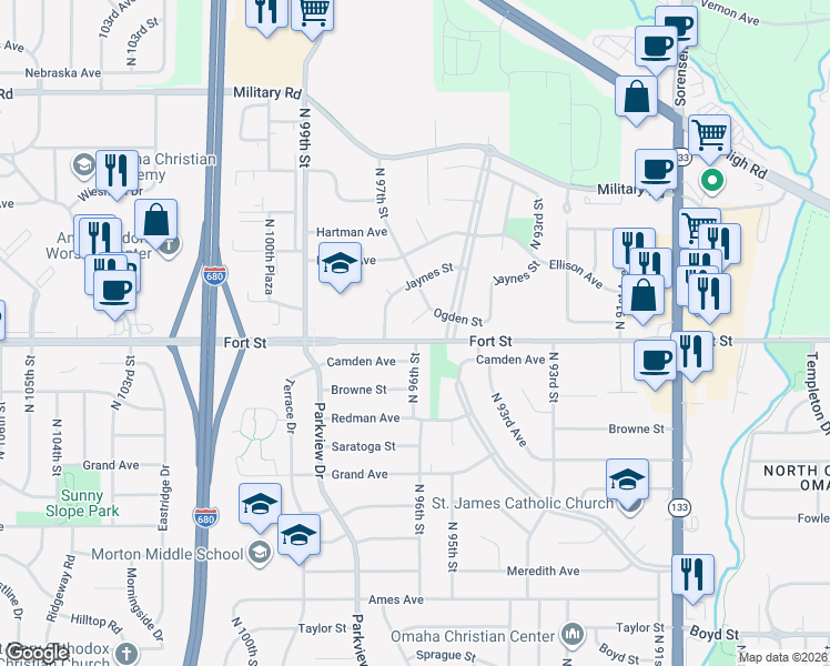 map of restaurants, bars, coffee shops, grocery stores, and more near 9729 Ogden Circle in Omaha