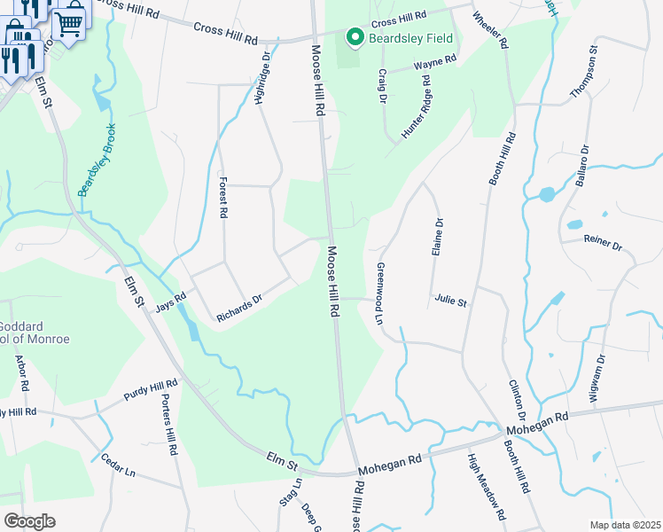 map of restaurants, bars, coffee shops, grocery stores, and more near 275 Moose Hill Road in Monroe