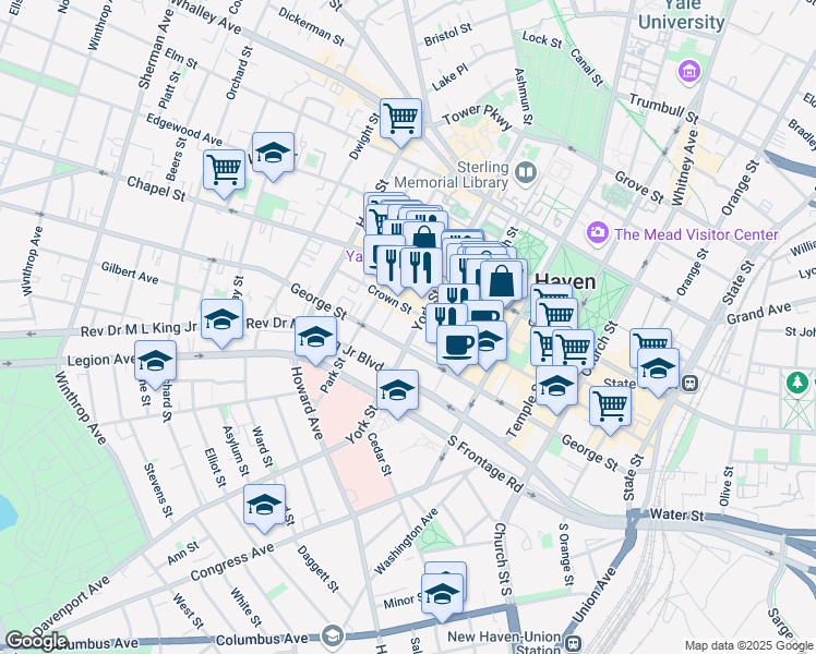 map of restaurants, bars, coffee shops, grocery stores, and more near 100 York Street in New Haven