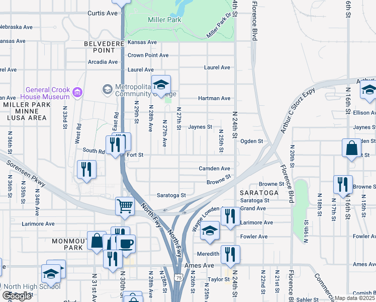 map of restaurants, bars, coffee shops, grocery stores, and more near 5311 North 26th Street in Omaha