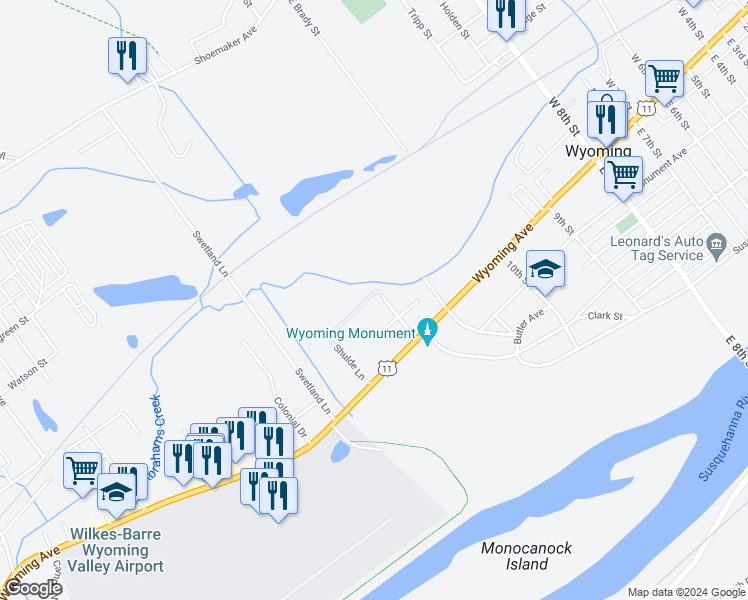 map of restaurants, bars, coffee shops, grocery stores, and more near 785 Wyoming Avenue in Wyoming