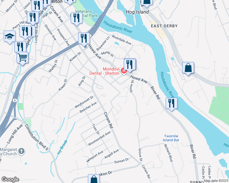 map of restaurants, bars, coffee shops, grocery stores, and more near 108 Hillside Avenue in Shelton