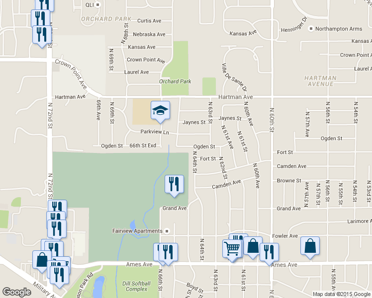map of restaurants, bars, coffee shops, grocery stores, and more near 6427 Ogden Street in Omaha