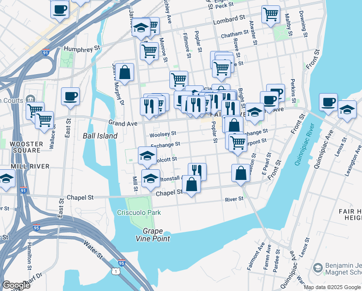 map of restaurants, bars, coffee shops, grocery stores, and more near 274 Exchange Street in New Haven