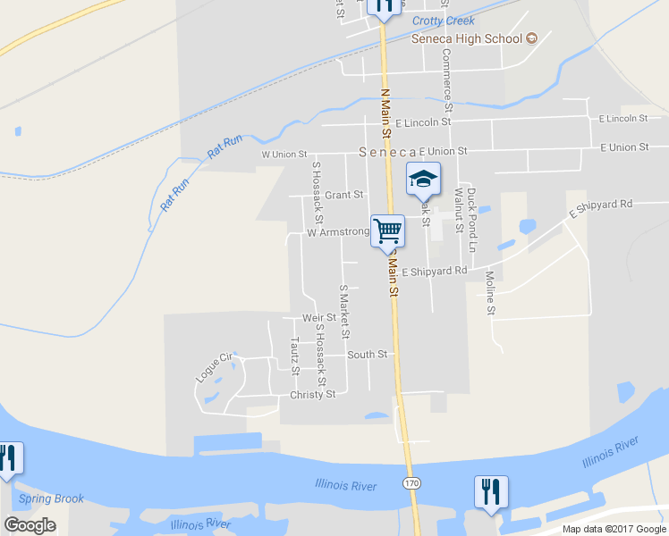map of restaurants, bars, coffee shops, grocery stores, and more near 325 South Market Street in Seneca