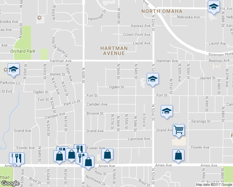 map of restaurants, bars, coffee shops, grocery stores, and more near 5606 Fort Street in Omaha