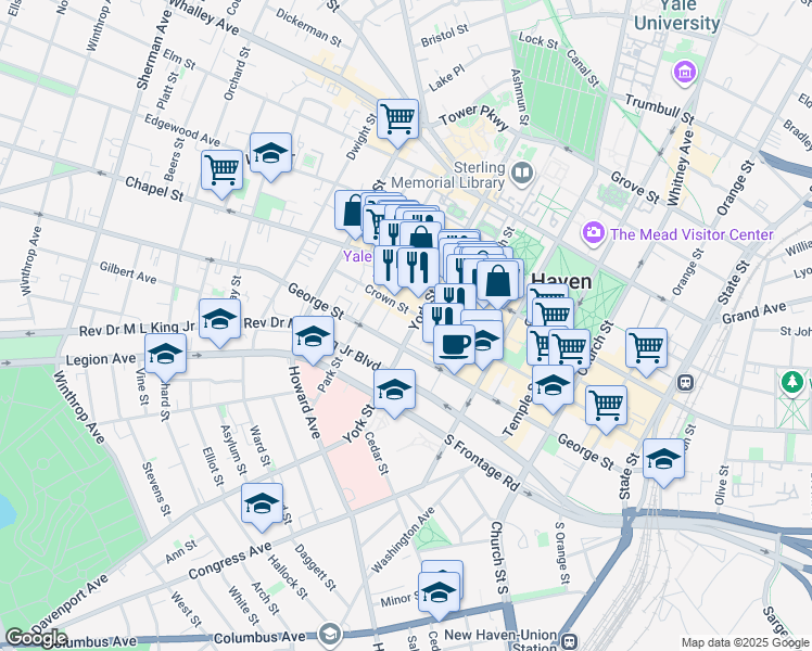 map of restaurants, bars, coffee shops, grocery stores, and more near 100 York Street in New Haven