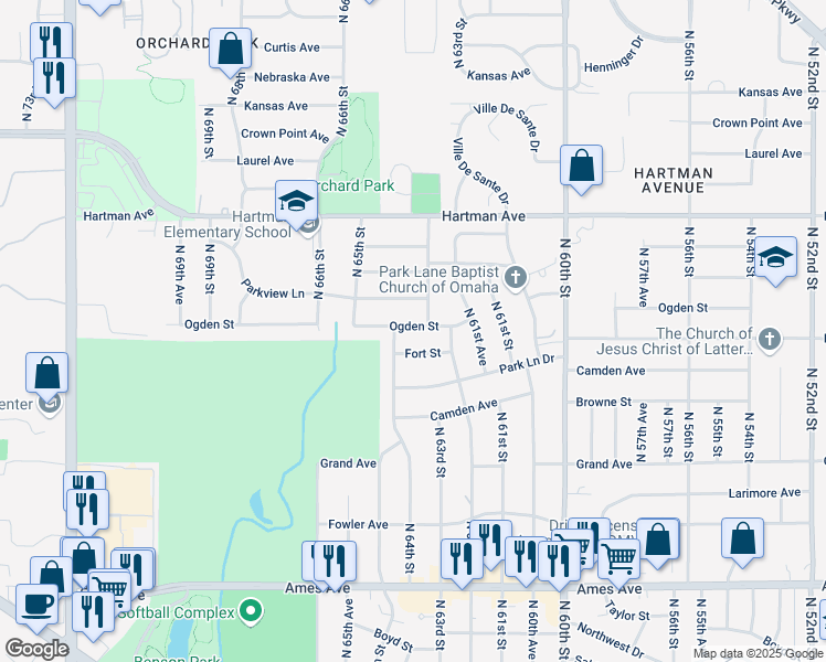 map of restaurants, bars, coffee shops, grocery stores, and more near 6321 Ogden Street in Omaha